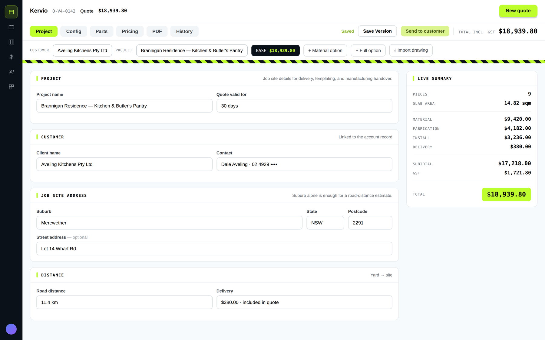 Kervio quote screen with customer, job site and a live cost summary