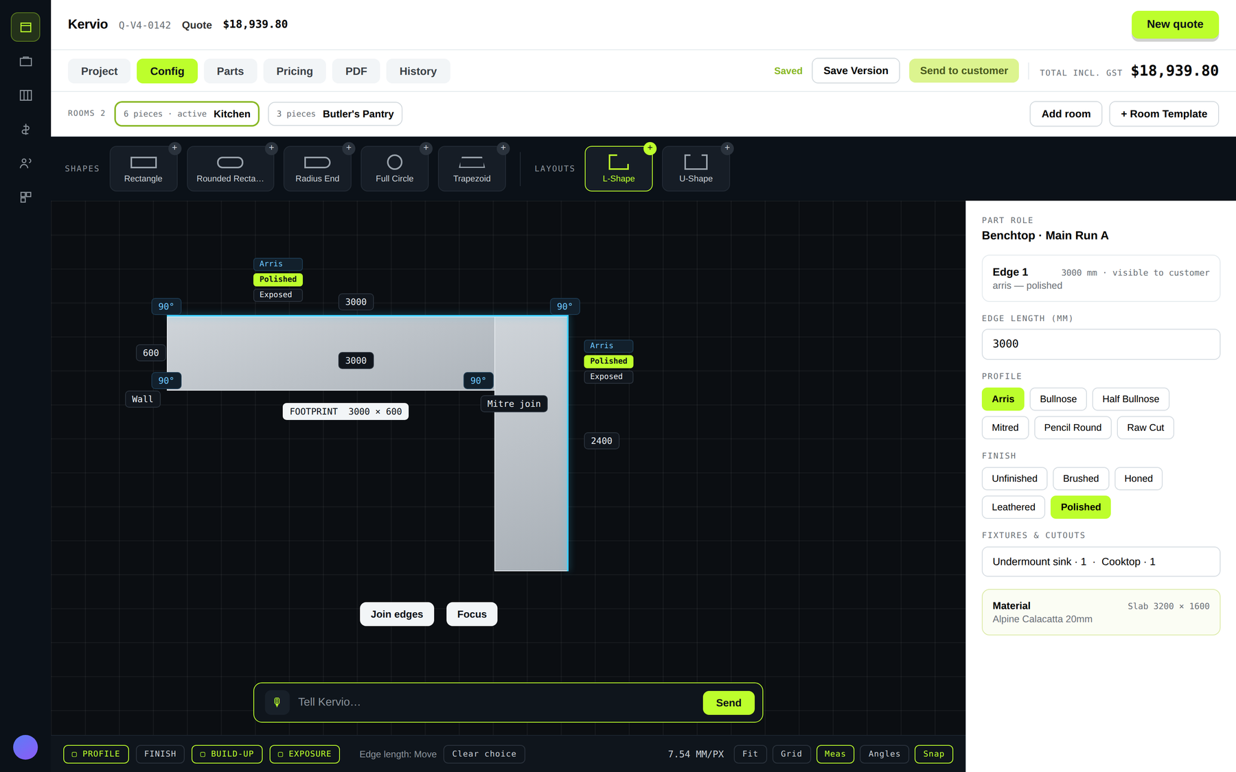 Kervio piece configurator showing an L-shaped benchtop with edge profiles and dimensions